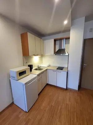 a small kitchen with white appliances and wooden floors at Garden of Eden studio in Sveti Vlas