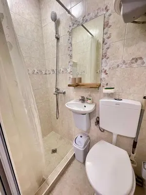 a bathroom with a toilet and a shower and a sink at 'The Conch' Room with Private Entrance and Bathroom in Burgas City