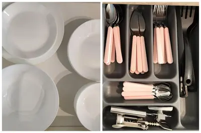 two pictures of white plates and utensils at Chic Downtown Flat in Varna City