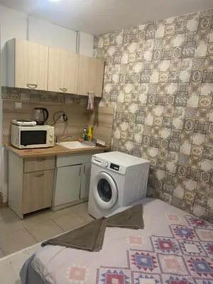 a kitchen with a washing machine and a microwave at Стая радецки in Varna City