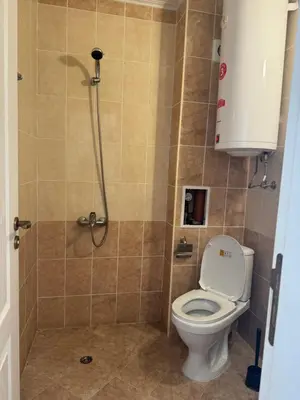 a bathroom with a toilet and a shower at Sunny day 5 in Tŭnkovo