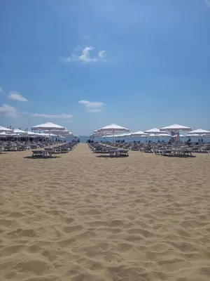 a group of chairs and umbrellas on a beach at Villa Valencja Apartments in Sunny Beach