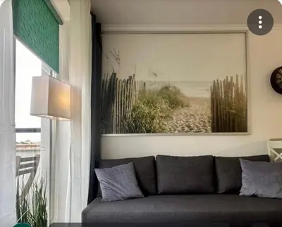 a couch in a living room with a picture on the wall at Villa Valencja Apartments in Sunny Beach