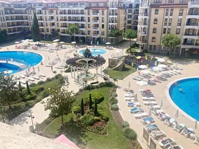an aerial view of a resort with two pools at Spacious apartment with 2 bedrooms and 2 bathrooms complex ROYAL SUN Sunny beach in Sunny Beach