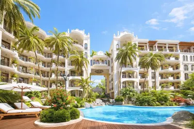 an image of a resort with a swimming pool and palm trees at Harmony Suites-4 Private Apartment B544 in Sunny Beach