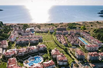 an aerial view of a resort next to the ocean at Green Life Boho Apartment in Sozopol