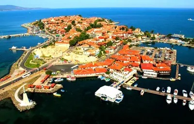 an aerial view of a harbor with boats in the water at Harmony Suites-2 Private Apartment 404 in Sunny Beach