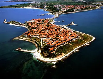 an aerial view of an island in the water at Harmony Suites Grand Resort-15 Private Apartment in Sunny Beach