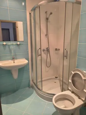 a bathroom with a shower and a toilet and a sink at Sunny sea apartment - 100 meters from the sea in Chernomorets