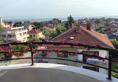 a view of a city from a balcony with pink flowers at Hotel Andre in Burgas City