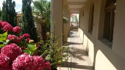 a street with pink flowers on the side of a building at Къща за гости Кадиеви in Primorsko