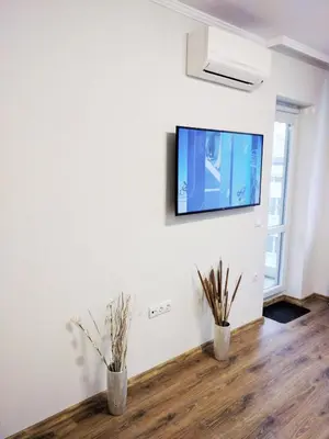a living room with two potted plants and a flat screen tv at Super Central Luxury Apartments in Burgas City