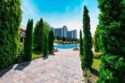 a row of trees and a swimming pool in a park at Green Fort Noks Apartments in Sunny Beach