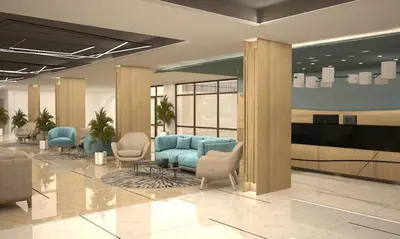 a rendering of a waiting area in a lobby at Hotel Pomorie Sun - All Inclusive in Sunny Beach