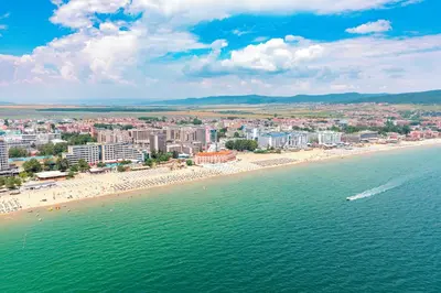 an aerial view of a beach and a city at Hotel Fenix - All Inclusive in Sunny Beach