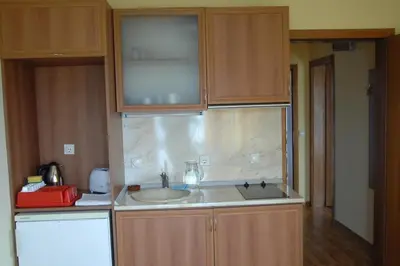 a kitchen with a sink and wooden cabinets at Condo Hotel Valentina in Obzor