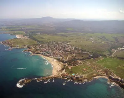 an aerial view of a small island in the ocean at Samara Apartment in Lozenets