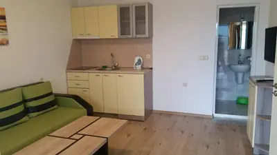 a living room with a green couch and a kitchen at The Sea Lions Guest House in Tsarevo