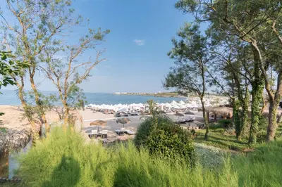 a beach with umbrellas and chairs and the ocean at Oasis Resort & Spa Cozy Apartments in Lozenets