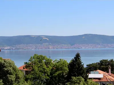 a bird flying over a large body of water at Guest House Briz in Nesebar