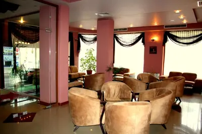 a waiting room with brown chairs and windows at Hotel Elegant in Karnobat