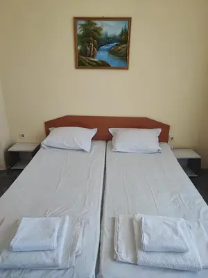 two twin beds in a bedroom with a picture on the wall at Kovachevi House in Primorsko