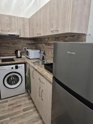a kitchen with a refrigerator and a dishwasher at Студио Лазур Поморие in Pomorie