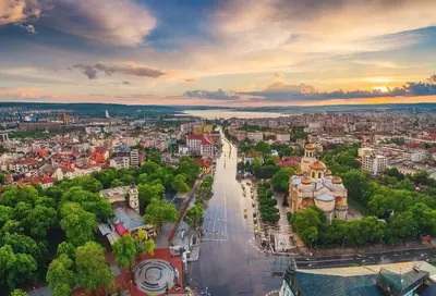 an aerial view of a city at sunset at Comfort Zamenhof in Varna City