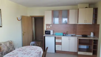 a small kitchen with a sink and a microwave at Villa Krisia Apartments in Sozopol