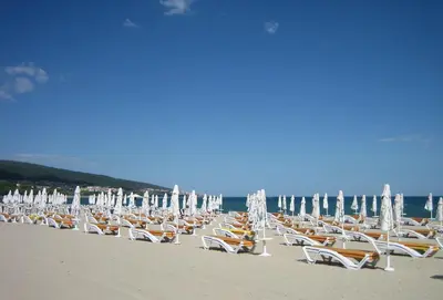 a bunch of chairs and umbrellas on a beach at NLV Seaside Apartments in Sunny Beach