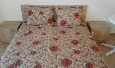a bed with red flowers on it in a bedroom at Kraybrezhna 3 in Pomorie