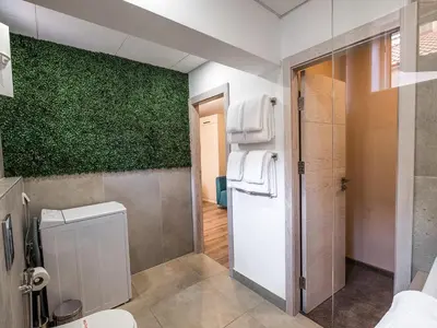 a bathroom with a toilet and a green wall at Caro Apartments & Rooms in Varna City