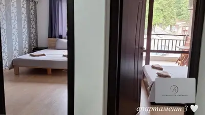 two pictures of a room with a bed and a window at Atliman Beach Apartment 1 in Kiten