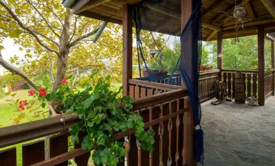 a wooden porch with a gazebo with a plant at Art Provence House in Lozenets
