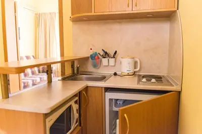 a small kitchen with a sink and a stove at Apartments Iris69 in Varna City