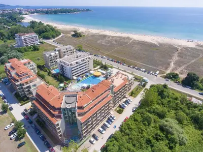 an overhead view of a building next to the beach at Aparthotel Hotel Prestige City II in Primorsko