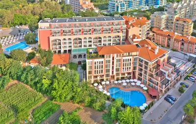 an aerial view of a building with a swimming pool at Festa Via Pontica in Pomorie
