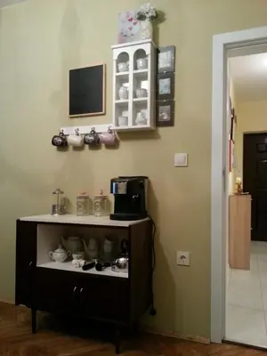 a room with a counter with a microwave at Florata apartment in Burgas City