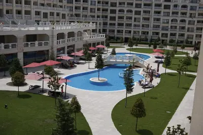 an aerial view of a courtyard in a large building at Апартаменти Варна Саут на плажа - Varna South Apartments on the beach in Varna City