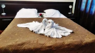 two white swans laying on top of a bed at Hotel Caesars Palace in Sunny Beach
