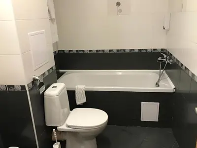 a bathroom with a toilet and a bath tub at Болгария, г.Свети Влас, к.