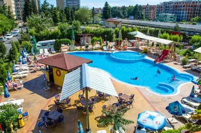 an overhead view of a swimming pool at a resort at Hotel Trakia Garden in Sunny Beach