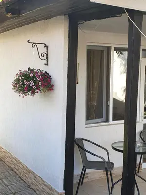 a patio with a chair and a flower pot on a wall at Villa Izgrev 24а in Chernomorets