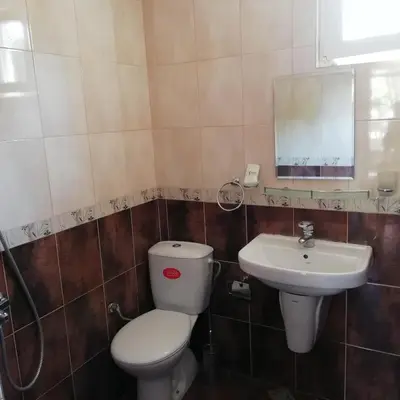 a bathroom with a toilet and a sink at Villa Izgrev 24а in Chernomorets