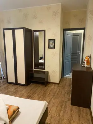 a bedroom with a bed and a dresser and a mirror at Belchevi Apartments in Burgas City