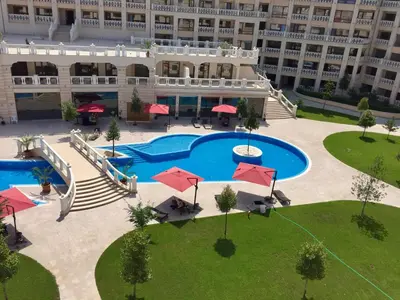 an aerial view of a hotel with a swimming pool at PSB Apartments in South Bay Varna in Varna City