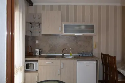 a small kitchen with a sink and a microwave at Hotel Morska Zvezda in Sozopol