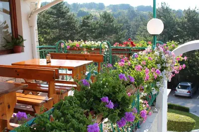 a patio with flowers and a table and benches at Hotel Zora in Sunny Beach