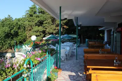 a patio with tables and chairs and flowers at Hotel Zora in Sunny Beach