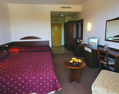 a hotel room with a bed and a desk and a television at Continental Park Hotel in Sunny Beach